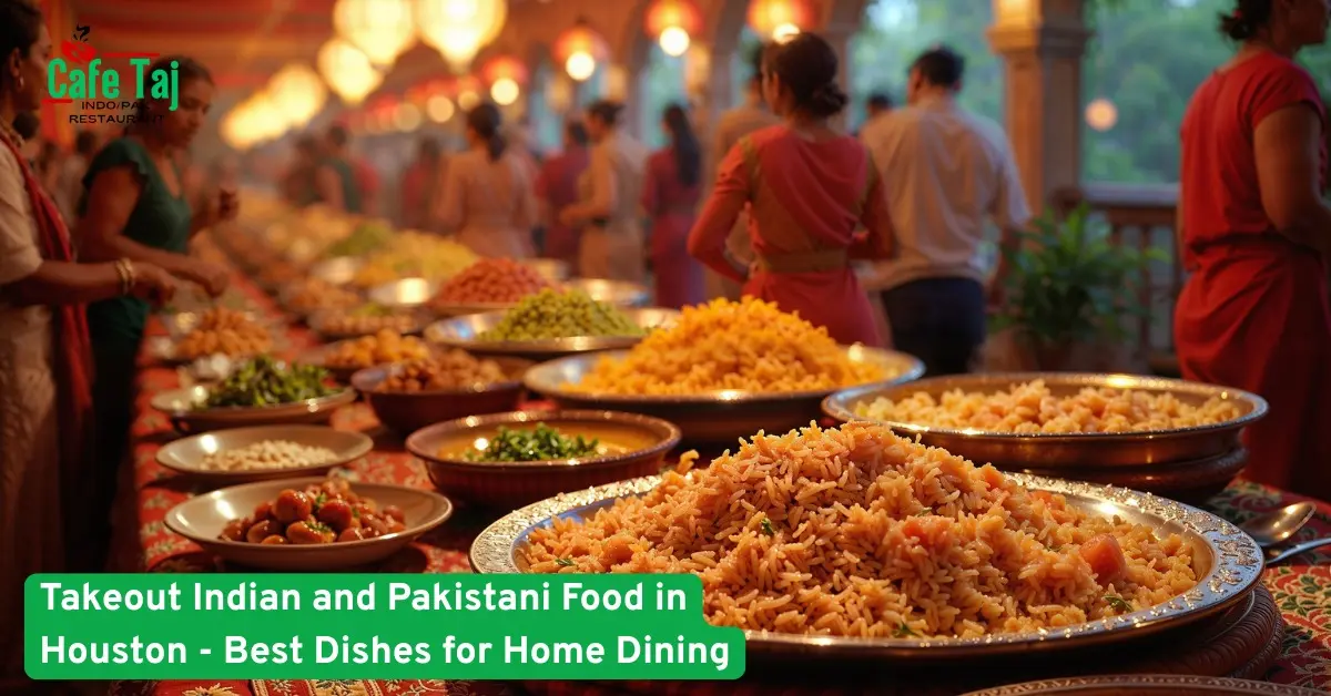Buffet style Indian and Pakistani rice dishes displayed for takeout, showcasing popular home dining food options in Houston