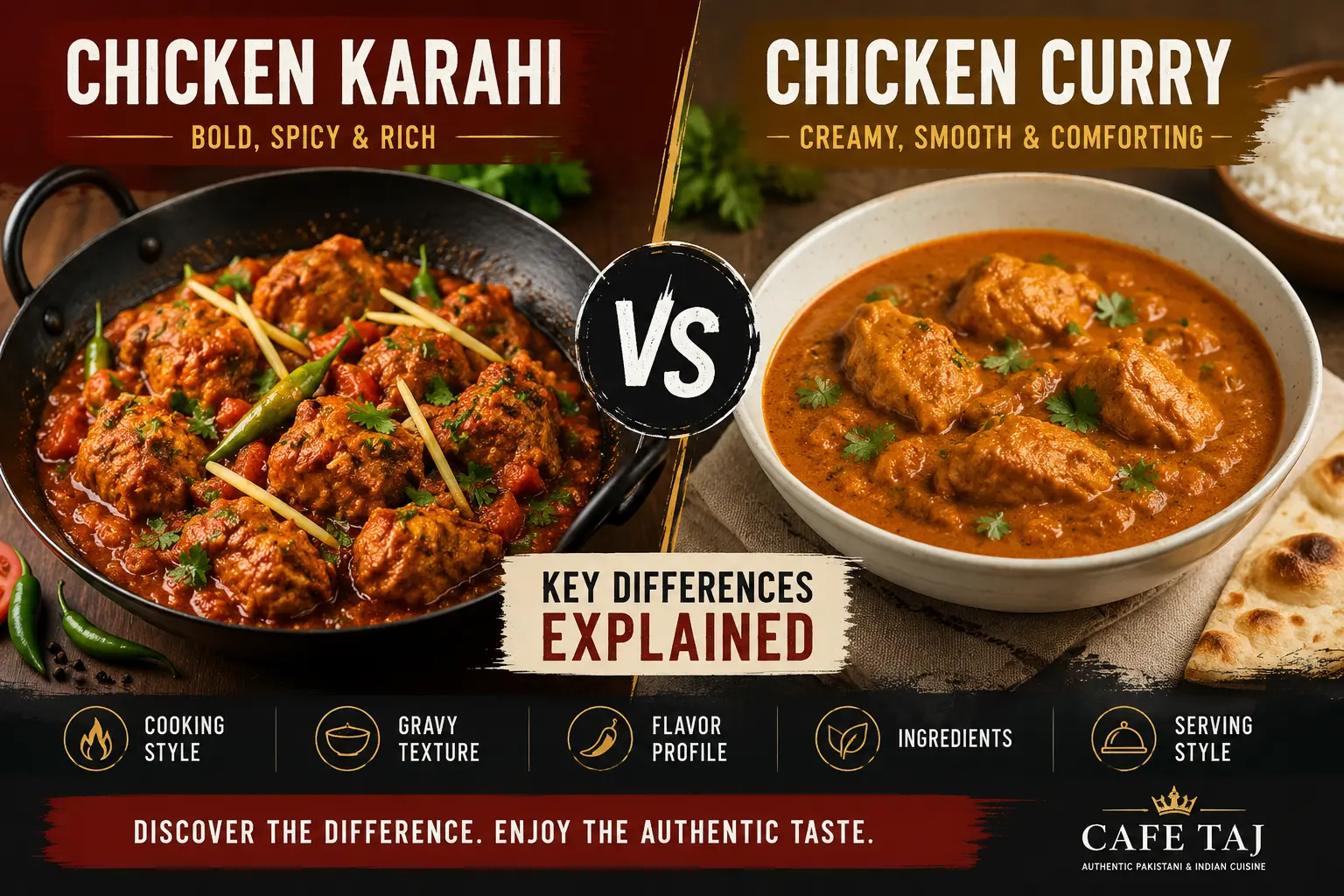 Chicken Karahi vs Chicken Curry comparison featuring spicy Pakistani karahi and creamy curry with naan and rice