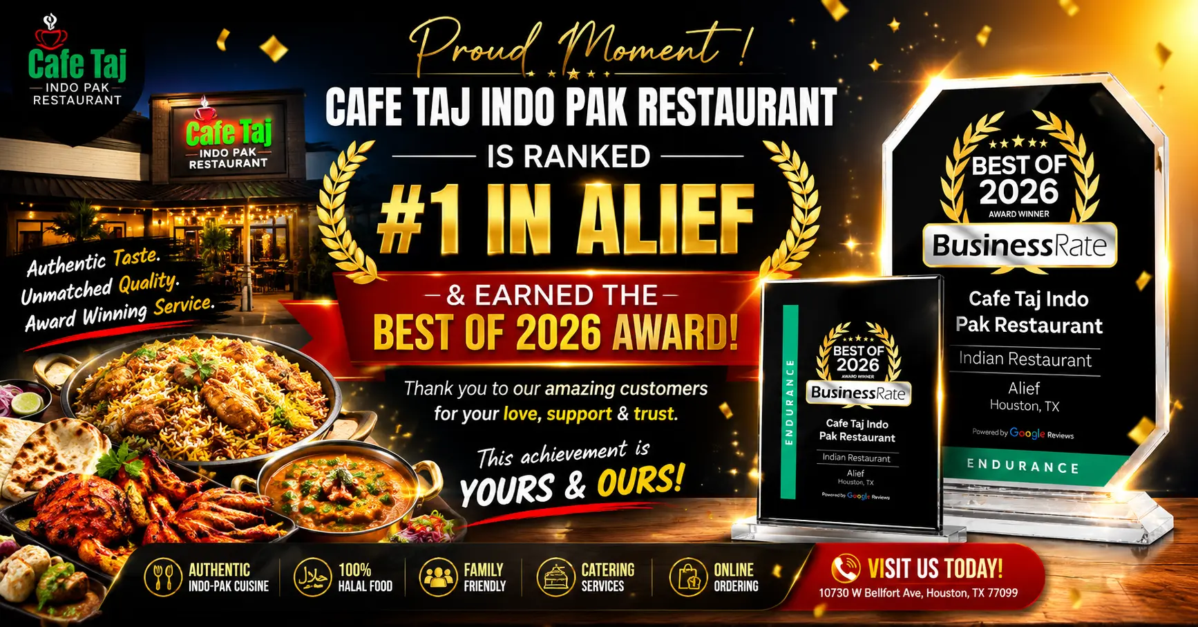 Cafe Taj earns Best of 2026 Award and #1 ranking in Alief Houston for authentic Indo-Pak cuisine and customer service