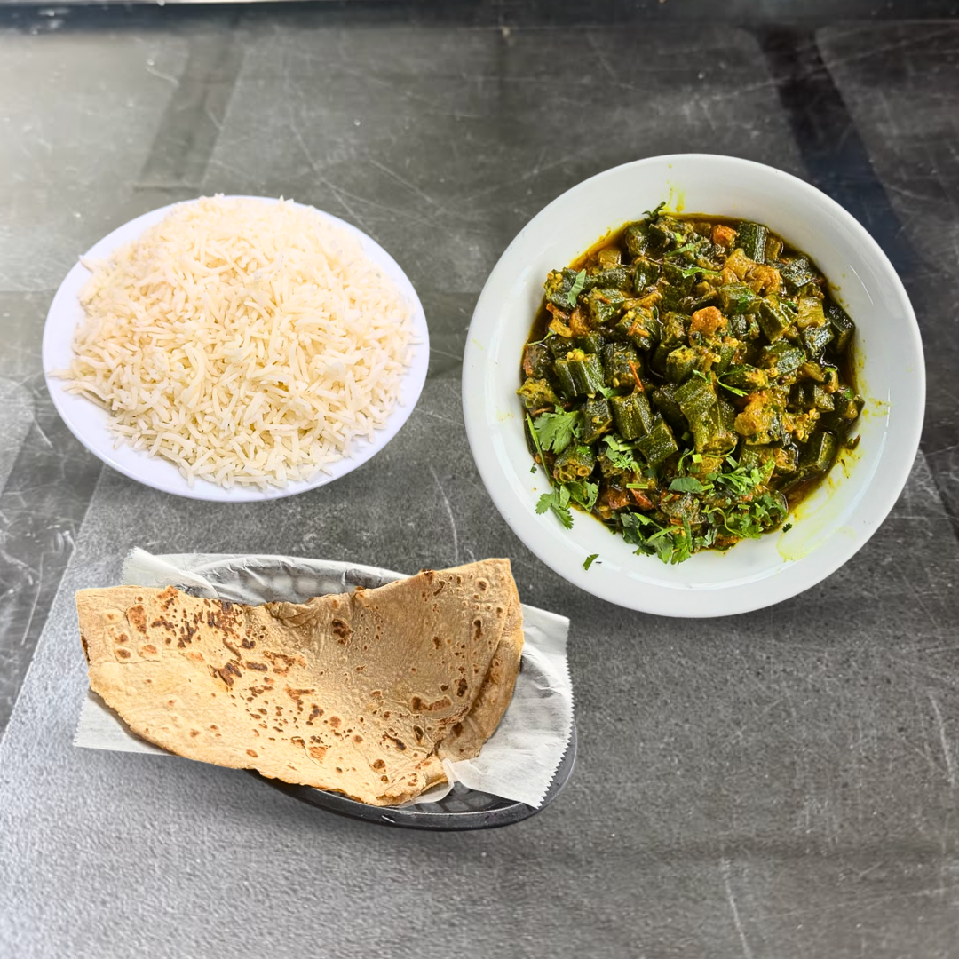 Lunch (1080 x 1080 px) (8) Veg Lunch Combo- Bhindi Masala- 1 Chapati- Plain Rice | 11 am to 5 pm - Image 1