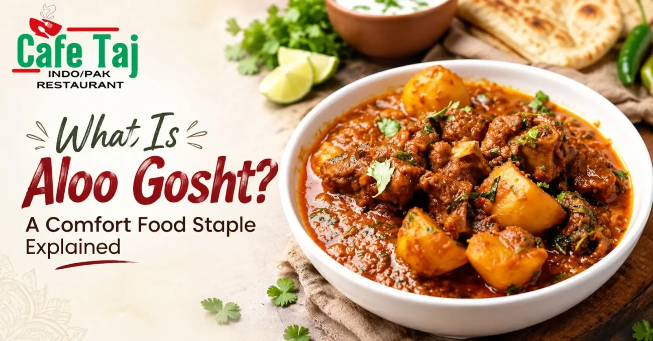 Cafe Taj Aloo Gosht featuring tender meat and potatoes cooked in a rich Pakistani curry, garnished with fresh cilantro.