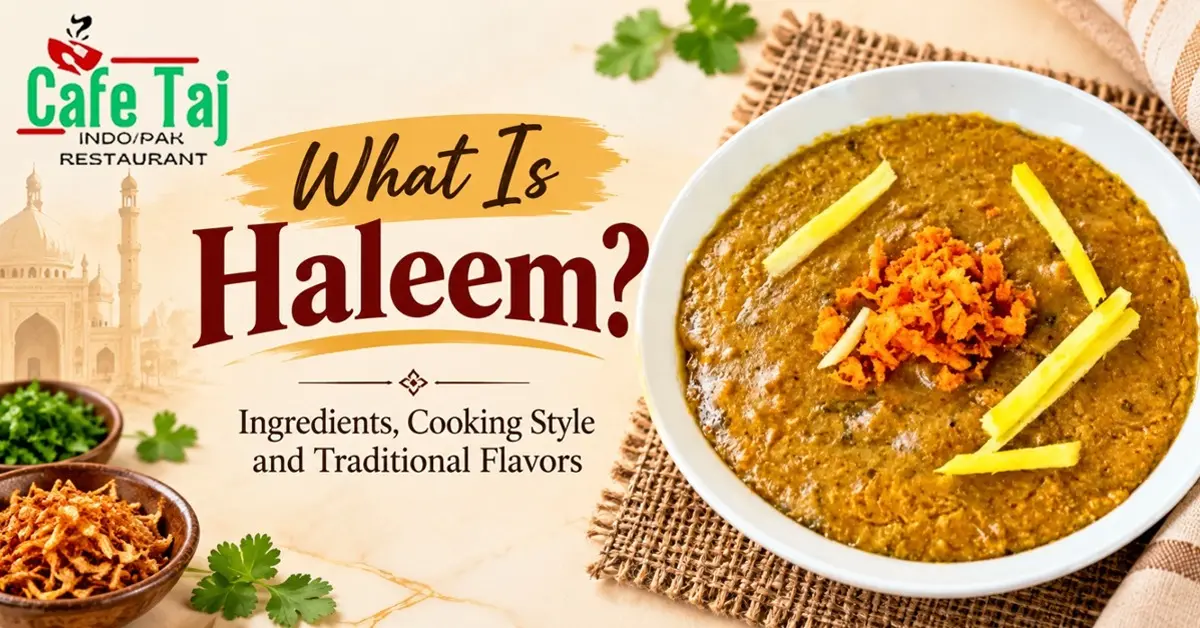 Cafe Taj Pakistani Haleem featuring a thick, slow-cooked meat and lentil dish garnished with ginger and crispy fried onions.